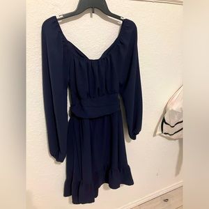 From Amazon, a navy blue dress with a tie in the back, easy slip on, size medium